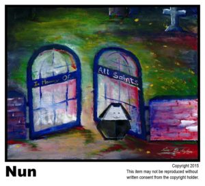 Nun - $95 (minor rip covered).  #76.  Acrylic on Stretched Canvas.  Lisa B. Corfman - 16 x 20 in.