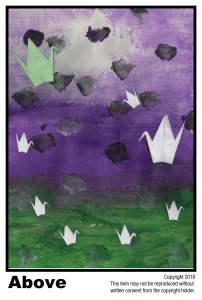 Cranes Above Green White And Purple Background